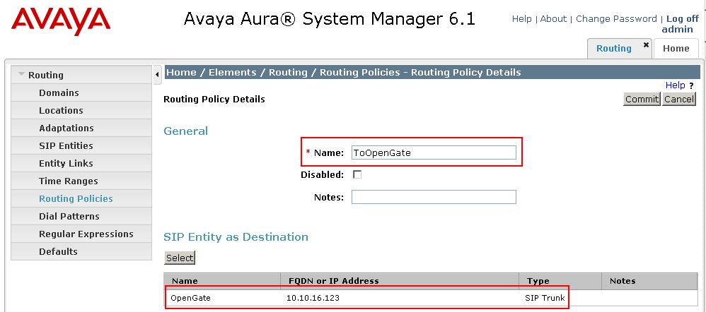 6.8.2 Create Routing Policy to Presence Technology OpenGate Click Home Elements Routing