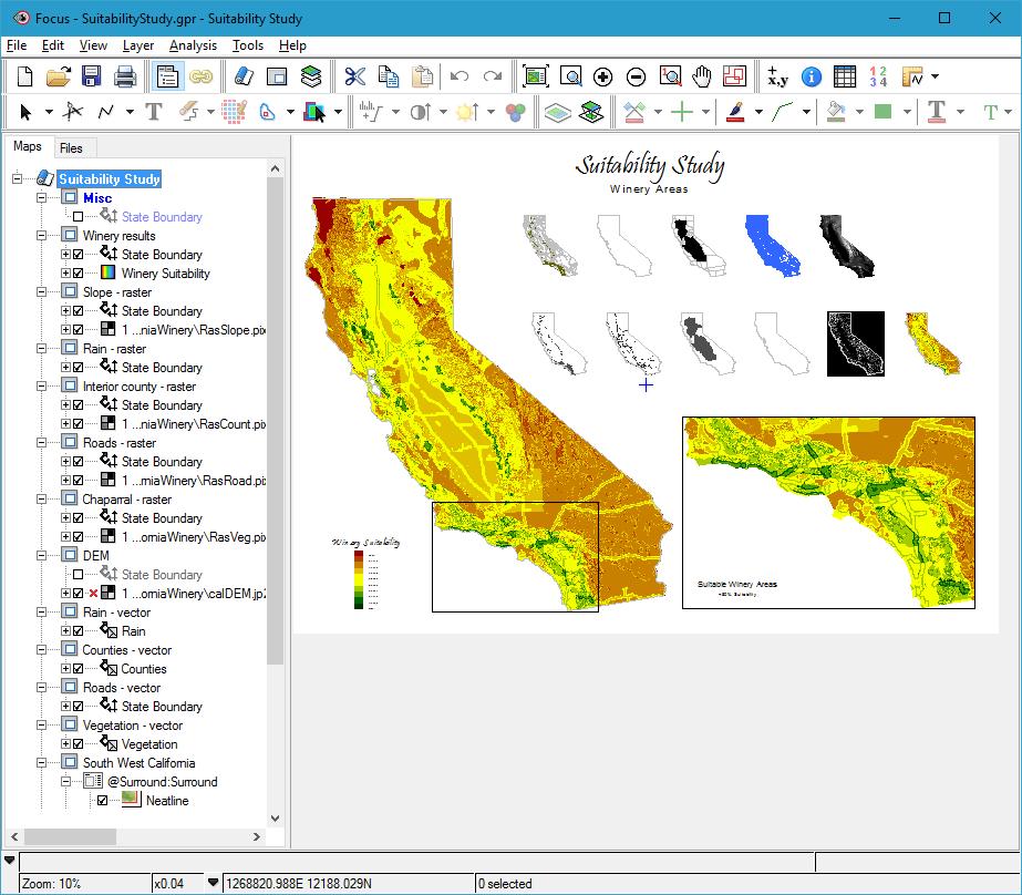 Module 4: Publishing map projects Figure 77. California Winery Map Project California Winery map planning Examine the map in the SuitabilityStudy.gpr file.