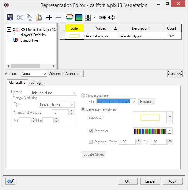 Module 4: Publishing map projects Figure 89. Representation Editor for the Vegetation Layer 3. From the Attribute list, select VegType.