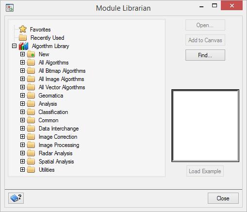 Module 5: Working with Modeler Figure 97. Modeler window Figure 98. Module Librarian The Module Librarian provides access to the modules you can use to process your data.