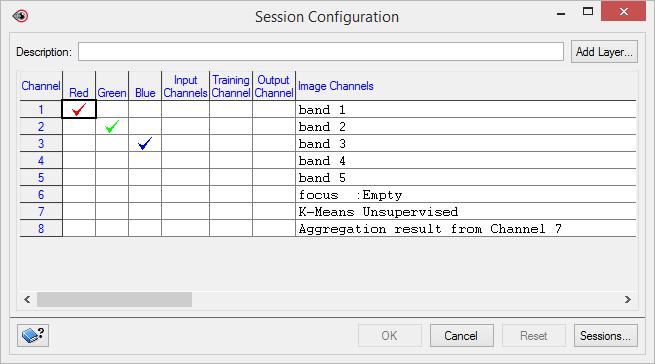 Module 1: Image classification Figure 16. Session Configuration window The Session Configuration window lists the image channels contented in the golden_horseshoe.pix file.