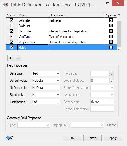 Module 3: Spatial analysis in Focus Figure 54. Attribute Manager 2. From the Field menu in the Attribute Manager, select Add New. The Table Definition window opens. Figure 55.