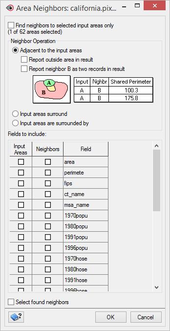 Module 3: Spatial analysis in Focus Figure 62. Area Neighbors window 5. Select Find neighbors to selected input areas only. Area Neighbors finds neighbors to the selected county polygon. 6. Select the Adjacent to the input areas option.