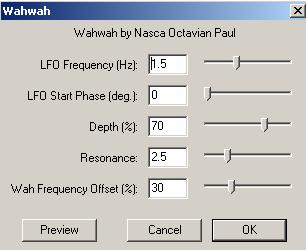Filtras Wahwah...(Wahwah...) Pažym tai garso signalo daliai naudoja specialų filtrą, kuris generuoja garsą. 2.107 pav. Komandos Wahwah langas.