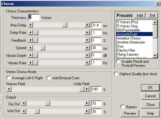2.130 pav. Komandos Effects Chorus langas. Lyginant programas Audacity ir Adobe Audition, galima išskirti tokius pagrindinius skirtumus: 1.