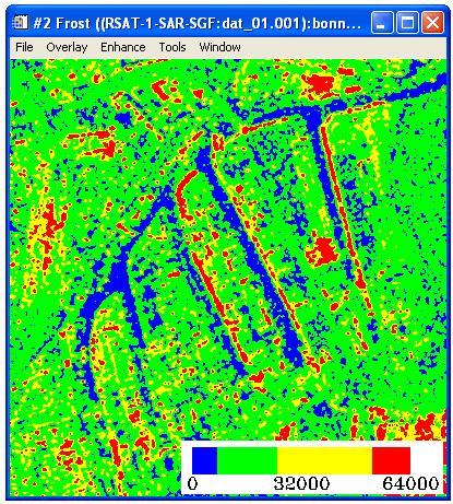 Density Slice Density slicing visually enhances radar differences based on image brightness. The density-sliced image below has four levels, with higher radar backscatter in the warmer colors. 1.