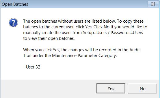 The message will explain that you have open batches for a deleted use You will also be told exactly which user the batch is for i.e. User 32 You now have two options: 1.