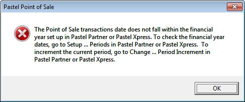 POS uses your computer system date for all the processing done in POS. You may encounter the below error when opening POS: There are two reasons this message may be encountered: 1.