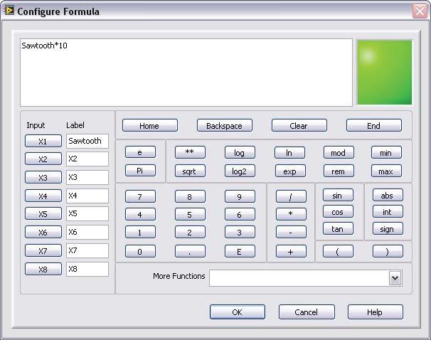 Change the text in the Label column of the dialog box option you read about, shown at left, from X1 to Sawtooth to indicate the input value to the Formula Express VI.