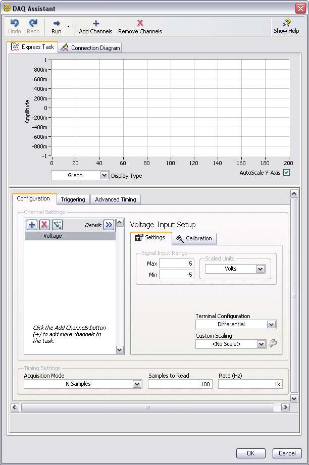 Chapter 4 Hardware: Acquiring Data and Communicating with Instruments (Windows) Figure 4-1. Configuring a Task Using the DAQ Assistant 7.