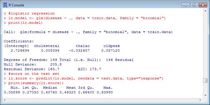 The last command is intended to recode the class attribute (DISEASE) into 1/0 values. 4.2. Learning of the classifiers and assigning scores Logistic Regression.
