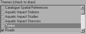 To draw a theme in the map display, simply left-mouse-click over the theme s name in the Theme (Check to Draw) list box.