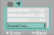 Setting date and time: Press OK key to open the menu, and then press Power key to enter setup menu. Press Down key to select Date&Time item, and press Shutter key to enter setup window.
