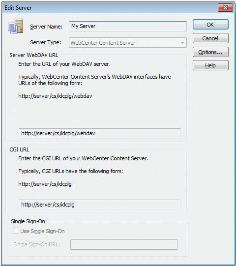 Edit Server Dialog Figure A 6 Edit Server Dialog Element Server Name Server type Server WebDAV URL CGI URL Description This is the name of the content server connection as specified on the Add Server