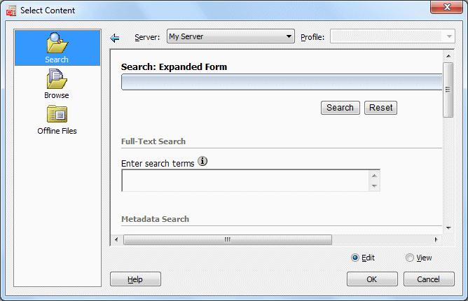 Select Content Dialog Figure A 11 Search Panel of Select Content Dialog To find content, specify the search criteria that the content items should meet and click Search in the search form.