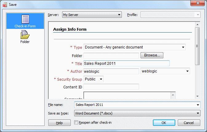 Save Dialog (Save As New) Figure A 15 Check-In Form Panel of Save Dialog Element Description This is the icon of the current dialog. Click the Folder icon to open the Folder page (see Section A.11.