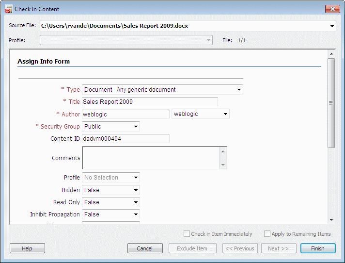 Check In Content Dialog (Metadata Prompt) Figure A 19 Check In Content Dialog (Drag and Drop) Element Source File Profile Description This field shows the full path and file name of the current file.