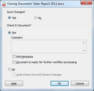 Save Changes and Check In Document Dialog Note: The 'Edit Metadata' setting is remembered in between sessions.