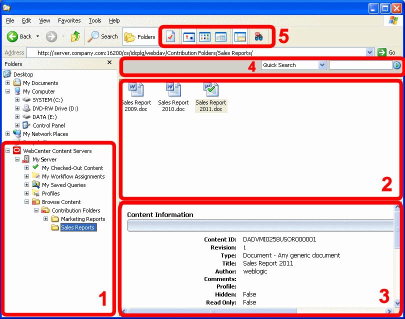 WebCenter Content Servers Hierarchy in Navigation Pane Figure 3 3 Desktop Integration Features in Windows Explorer on Windows XP 3.