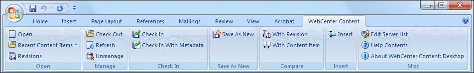 Integration into Microsoft Office 2007 and 2010 Save As New...: This option opens a dialog where you can check the current Office document in to a content server as a new content item.