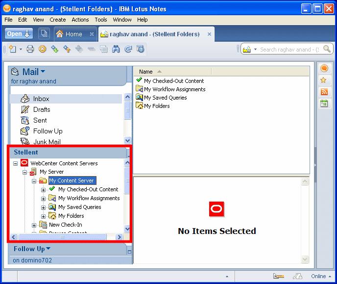 Integration into Lotus Notes Note: The WebCenter Content Servers hierarchy is not displayed in the mail folders list by default. You must specifically enable it.