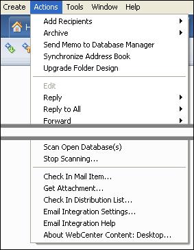 Content Pane and Preview Pane 5.3.2 Integration Items in Actions Menu The Desktop client software adds a number of new items to the Actions menu in Lotus Notes (Figure 5 9).