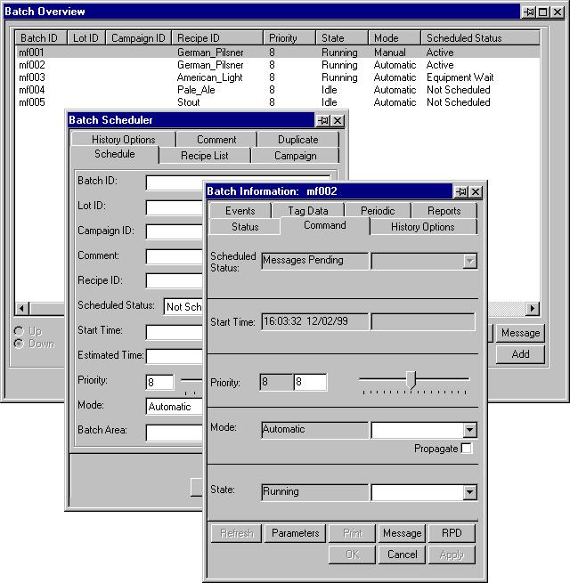 TC02577A Figure 1. Batch Overview Windows The batch overview options include: Scheduling a new batch. Invoking the status display for a batch. Displaying the recipe procedure diagram for a batch.