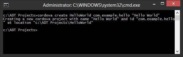 hello "Hello World" Slika 10: Zaslonska maska - Izdelava HelloWorld aplikacije v Cordova Sedaj sem izdelal direktorij z HelloWorld aplikacijo v c:\adt Projects.