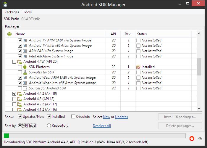 Tako sem vnesel komando android in v Android SDK Managerjem prenesel novejšo