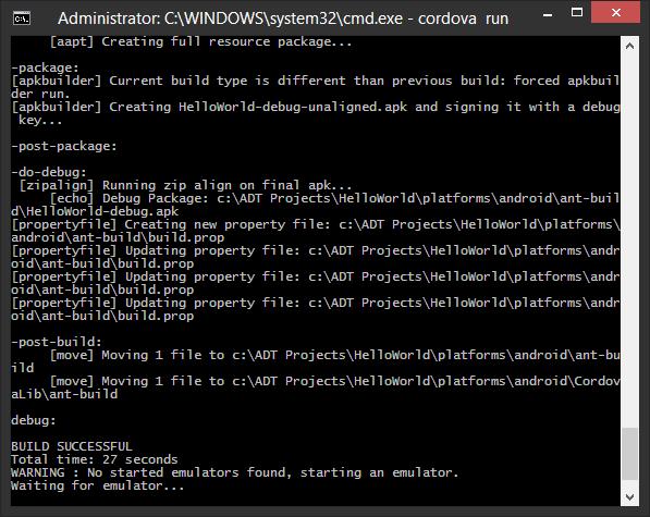 S testno napravo lahko s pomočjo komande preko ukazne vrstice (CLI) vršim komando: cordova run, ob tem moram paziti, da se nahajam preko ukazne vrstice v mapi projekta HelloWorld.