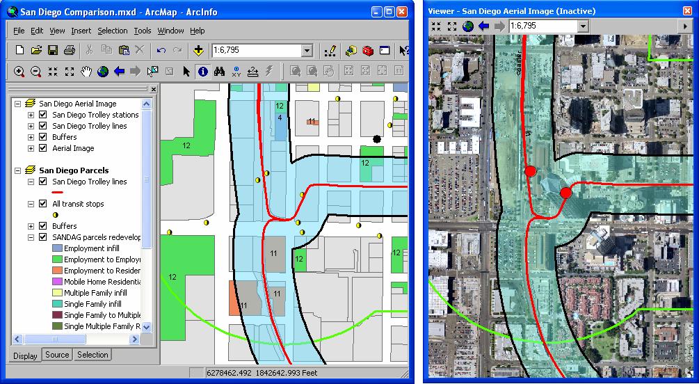 ArcGIS Desktop Use the ArcMap viewer window to work with multiple data frames Service Pack 2 introduces the ability to work with multiple data frames side-by-side on-screen in the same map document.