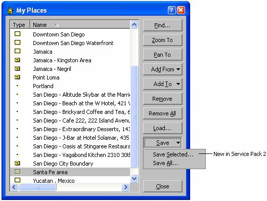 Share places defined in the My Places dialog in ArcMap, ArcGlobe & ArcReader In the dialog launched by the My Places command in the Tools pulldown menu, you now have the option to save a subset of