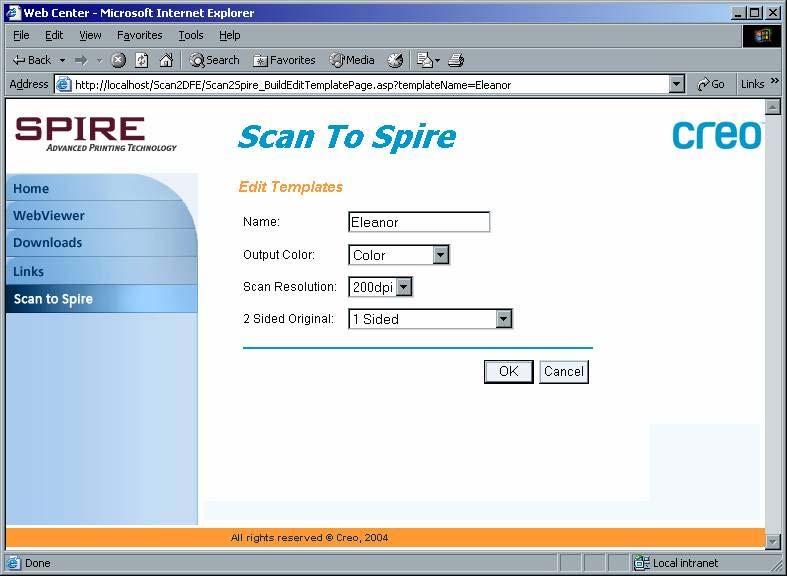 8 Spire CXP3535/CXP3535e color server 2.0 Release Notes Using the Scan To Spire link in the Spire WebCenter software, you can access the Scan To Spire main window.