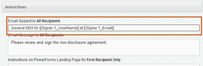 After a PowerForm signer enters their name and email information on the pre-signing dialog for a PowerForm with the merge fields, the signer information is automatically merged into the appropriate