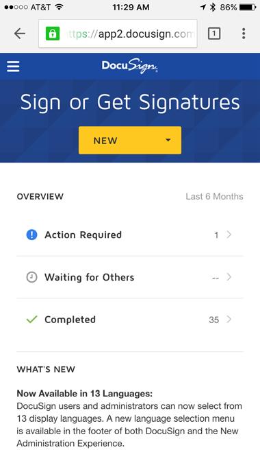 Default Mobile Web Interface Update With the November Service Pack DocuSign has updated the mobile web interface to open with a user s default web interface.