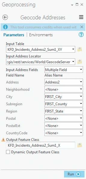 Hands On Geocode the addresses in the KFD_Incidents_Address2_Sum_1_XY layer using the default GeocodeServer XY provider and setting the values for field names and aliases.