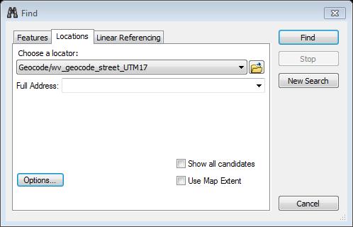 Single Address: If you only need to locate a single address, The Find tool can be used to geocode. 1. Click the Find Tool 2. Click the Locations tab 3.