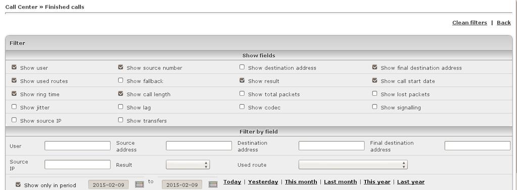 Figure 23: Finished Calls page Select the desired criteria by checking the appropriate boxes in Show fields: Show user Show source number Show destination address Show