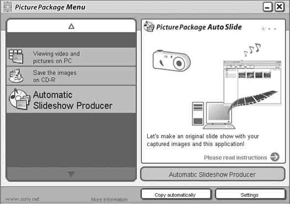 Creating a slide show Click [Automatic Slideshow Producer] on the left side of the screen, then click [Automatic Slideshow Producer] in the lower-right corner of the screen.