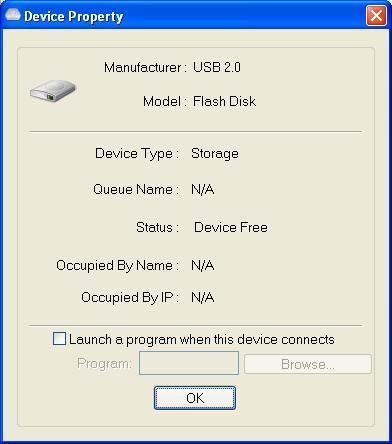 Device Property dialog box displays information of the USB device. If the device is occupied, it also displays the occupying PC name and the IP of the PC occupying it.