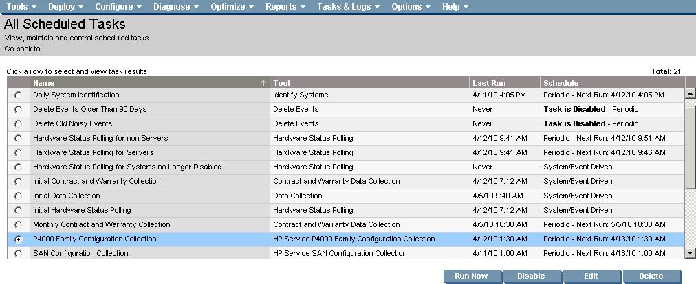 10. Run the configuration collection by selecting Options Status Polling HP Service P4000 Family Configuration Collection.