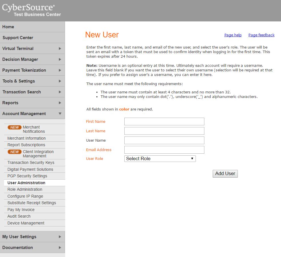 Figure 12 Add New CyberSource Business Center User Screen Fill out the form and select Report Download User Role.