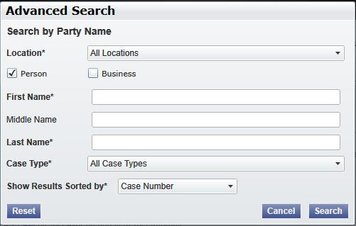 7 Case Search Topics Covered in this Chapter Advanced Search You can search for a case by selecting a location and entering a case number or a party name.