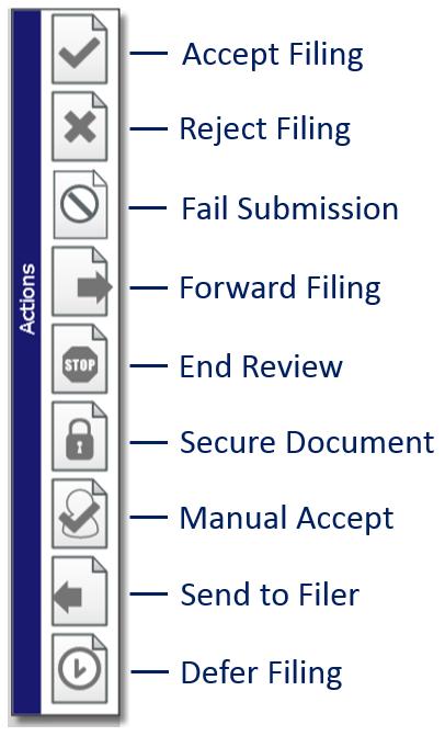 12 Perform Review Actions Topics Covered in this Chapter Returning for Resubmission The reviewer can use the Review Actions toolbar to perform review actions on a filing. Figure 12.