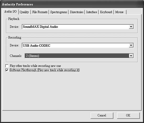 Select USB Audio Device from Audacity Preferences (see below). After configuring the settings, you are ready to begin recording.