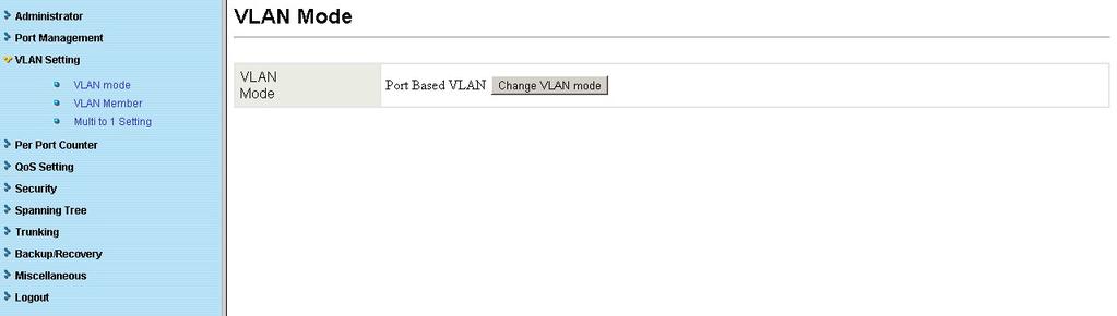 Tag Based VLAN Mode VLAN Mode: Displays VLAN mode: port based/tag based VLAN.