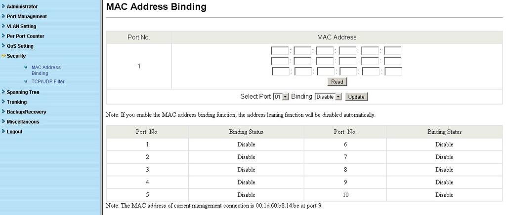 MAC Address: Users can assign up to 3 MAC addresses to the port. Select Port: Select the port number and click "Read" button. If you don't enter any MAC Address before, the address is blank.