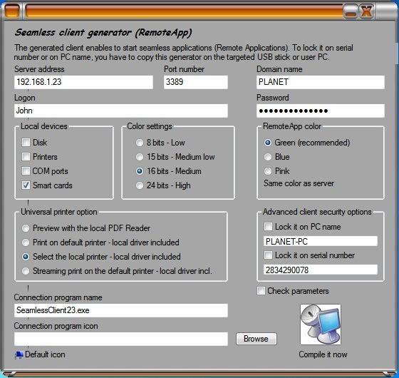 Client connection Generators Seamless Client: to seamlessly run applications (no Remote Desktop background) RDP client: to run application within a Remote Desktop background Connection client