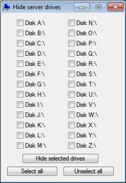 Hiding the server disk drives: The AdminTool includes a tool that enables hiding the server disk drives to prevent users from accessing folders through My Computer or standard Windows dialog boxes.