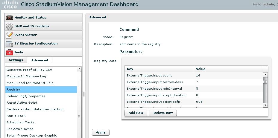 Configuring Cisco StadiumVision Director for External Triggers Feature Information for Cisco StadiumVision Director External Triggers Step 4 In the Registry Data box, find the keys that begin with